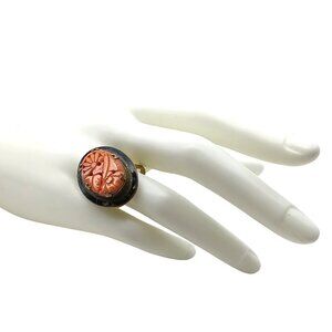 Vintage Carved Coral Floral Ring with Brass Adjustable Band & Black Enamel Oval